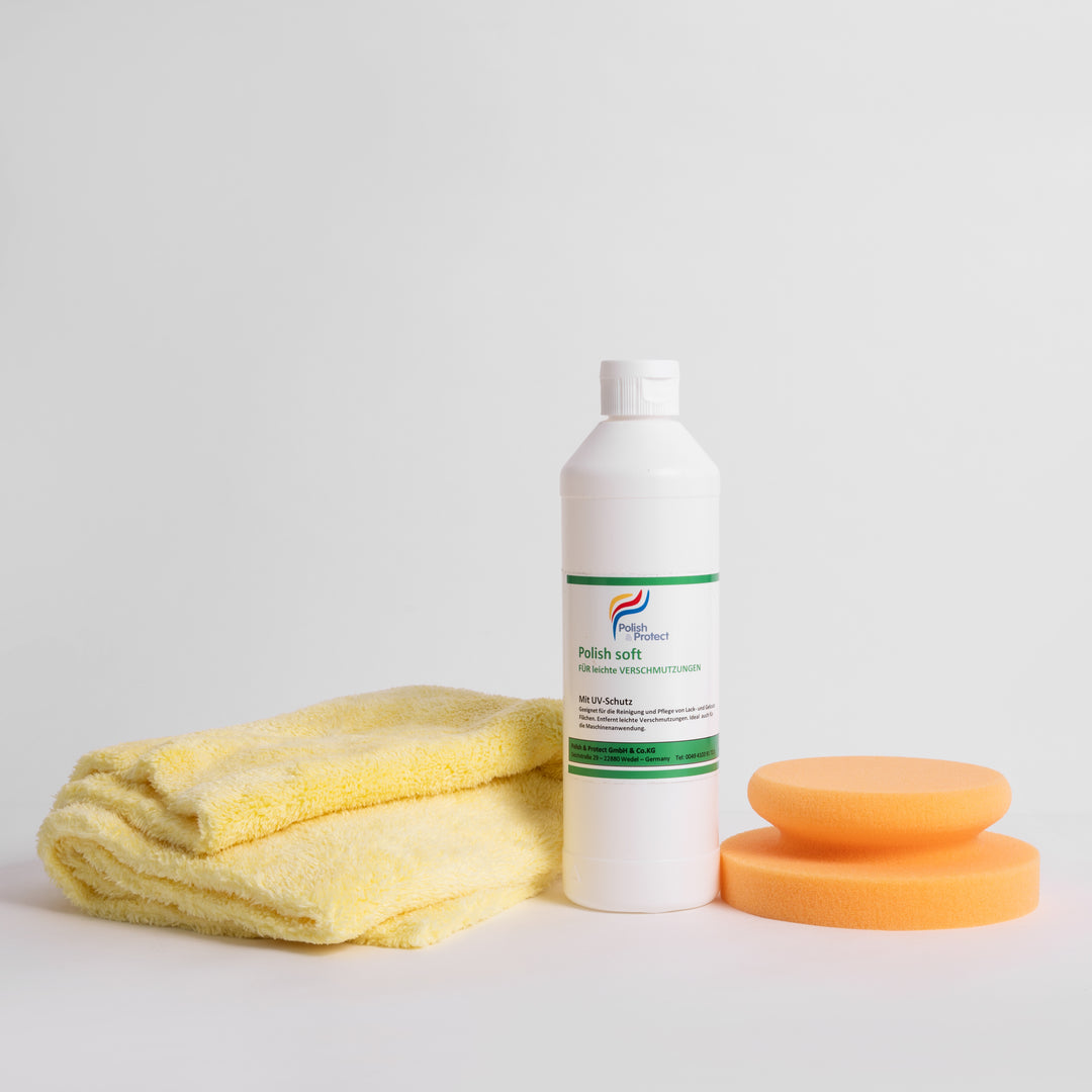 Das Polish & Protect Quick&Fresh Set besteht aus 3 Teilen. Es enthält: Polish Soft, Finishtuch Premium in Mikrofaser gelb, Polierpuck orange.
