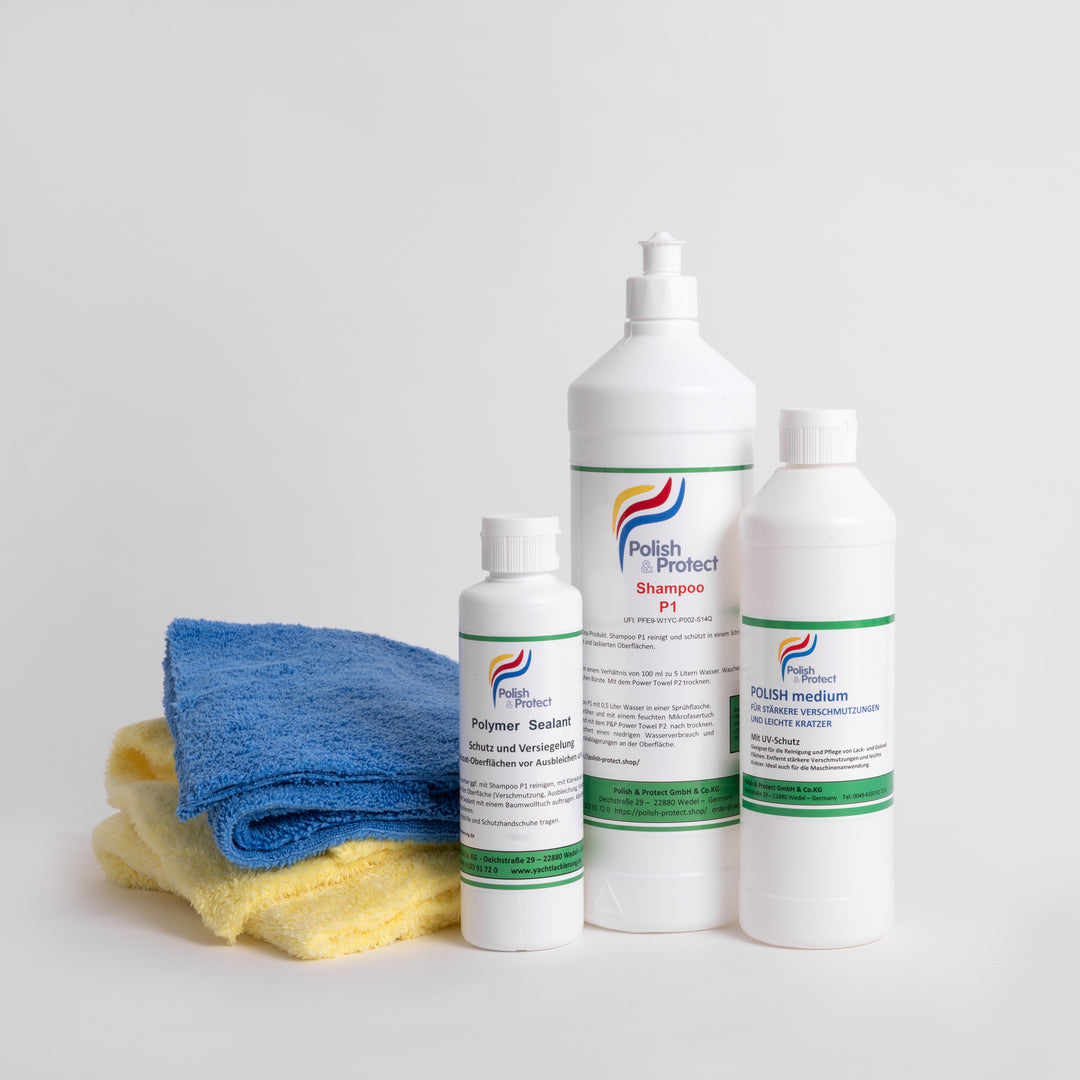 Das Polish & Protect Lackpflege Set besteht aus fünf Teilen. Es enthält: P&P Shampoo P1, P&P Polish Medium, P&P Polymer Sealant Versiegelung, Finishtuch Premium in Mikrofaser gelb, Mikrofasertuch Expert in blau.