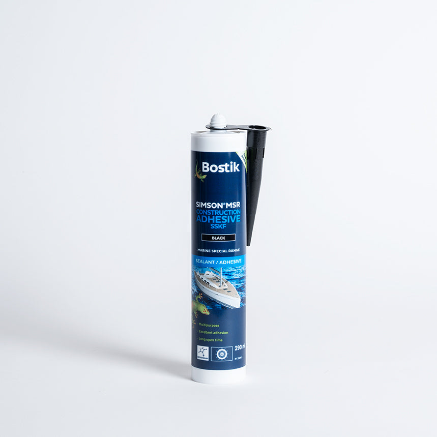 Der Bostik MSR Konstruktionskleber in schwarz. Der SMP-Dichtstoff eignet sich ideal zum Verkleben und Abdichten von Beschlägen, Stoßleisten und Deck-Rumpfverbindungen.
