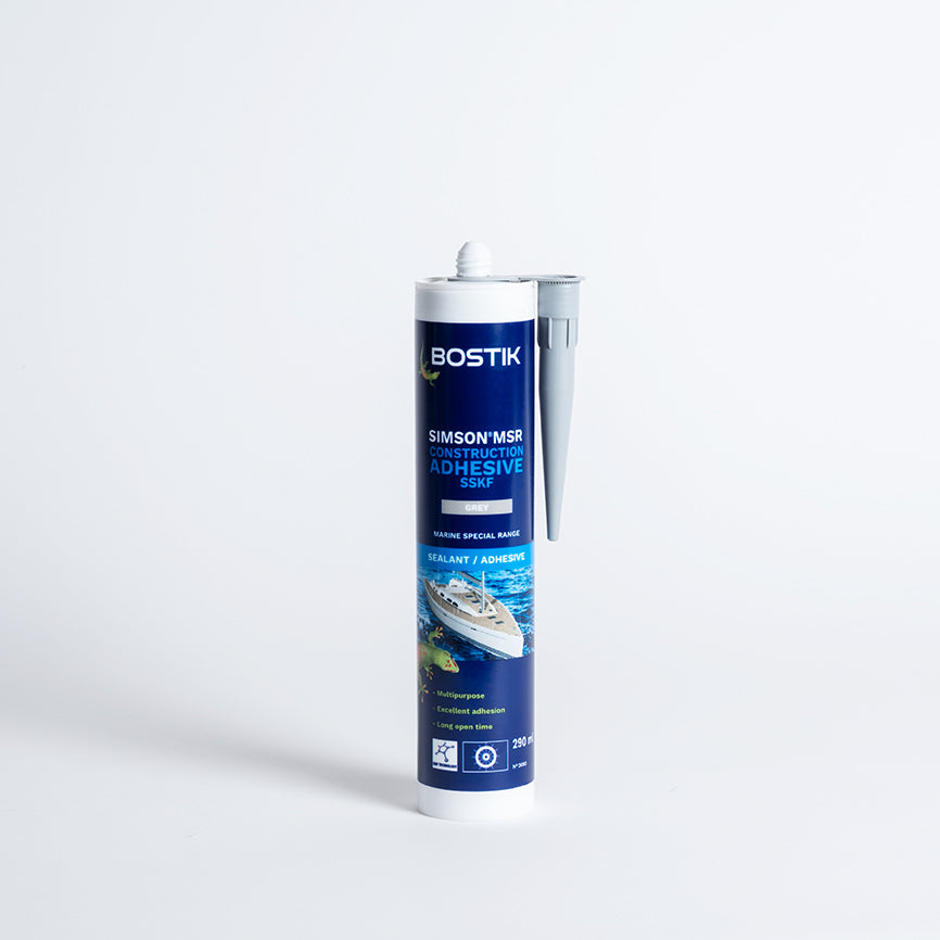 Der Bostik MSR Konstruktionskleber in der Farbe grau. Er eignet sich ideal zum Verkleben und Abdichten von Beschlägen, Stoßleisten und Deck-Rumpfverbindungen.
