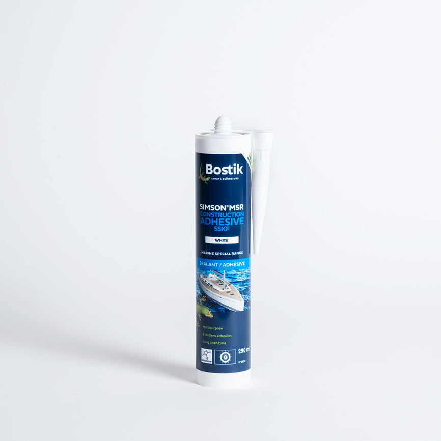 Der Bostik MSR Konstruktionskleber in der Farbe weiß. Der SMP-Dichtstoff eignet sich ideal zum Verkleben und Abdichten von Beschlägen, Stoßleisten und Deck-Rumpfverbindungen.