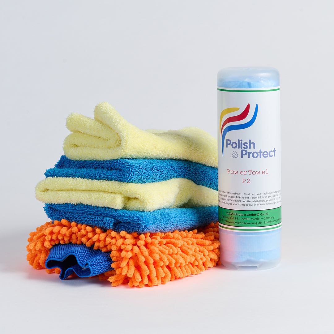 Das P&P Tücher Set besteht aus den Finish-Tuch, dem Mikrofasertuch Expert, einem Power Towel und einem Waschhandschuh. Alle Tücher, die Sie für die Reinigung von Oberflächen an Bord von Booten und Yachten benötigen.